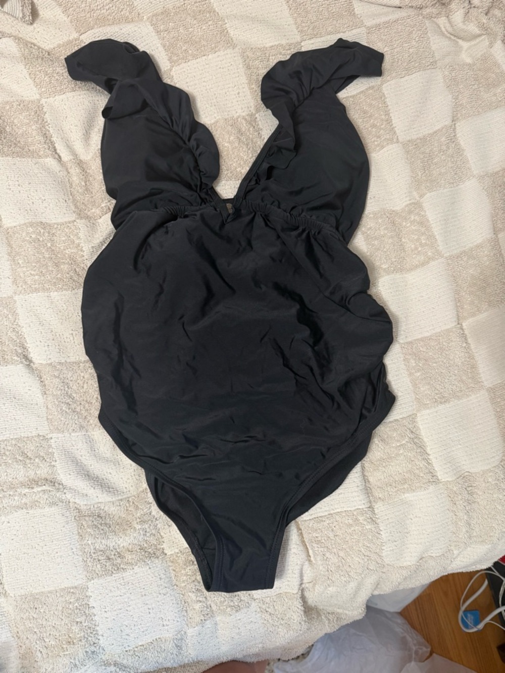Pinkblush Black Ruffle-Shoulder Maternity One-Piece Swimsuit
